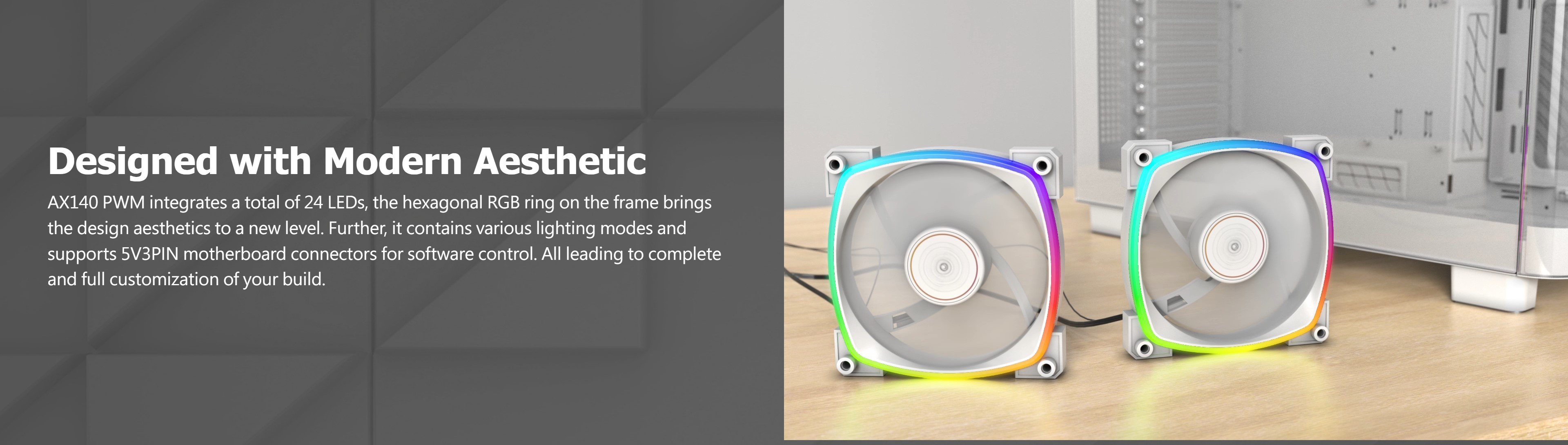 A large marketing image providing additional information about the product Montech AX140 - ARGB PWM 140mm Fan (White) - Additional alt info not provided